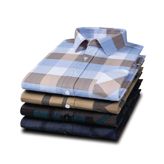 Men's Fashion Shirts Casual Slim Plaid Striped Men Clothing Business (Pack of 4)